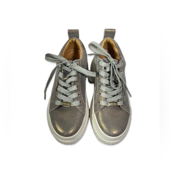 J/SLIDES Shoes - J/SLIDES Gray with Gold Metallic Finish Lace Up Shoes Leather Upper Size 6